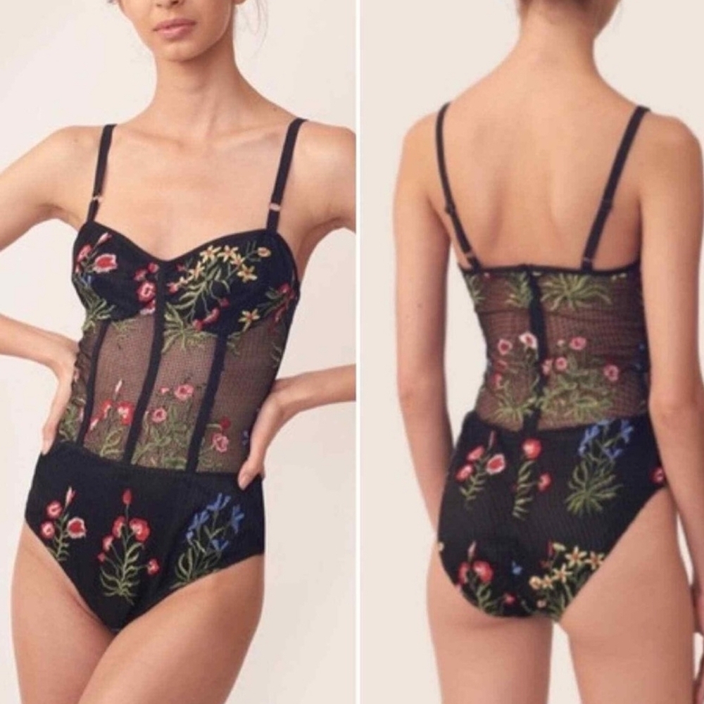 Romantic Allen Schwartz Black Floral Embroidered Bodysuit With Boning